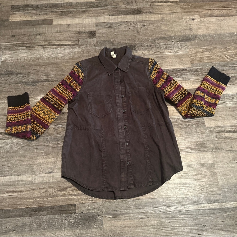 We The Free Grey Orange Knit Sleeve Button Down Shirt Xs
